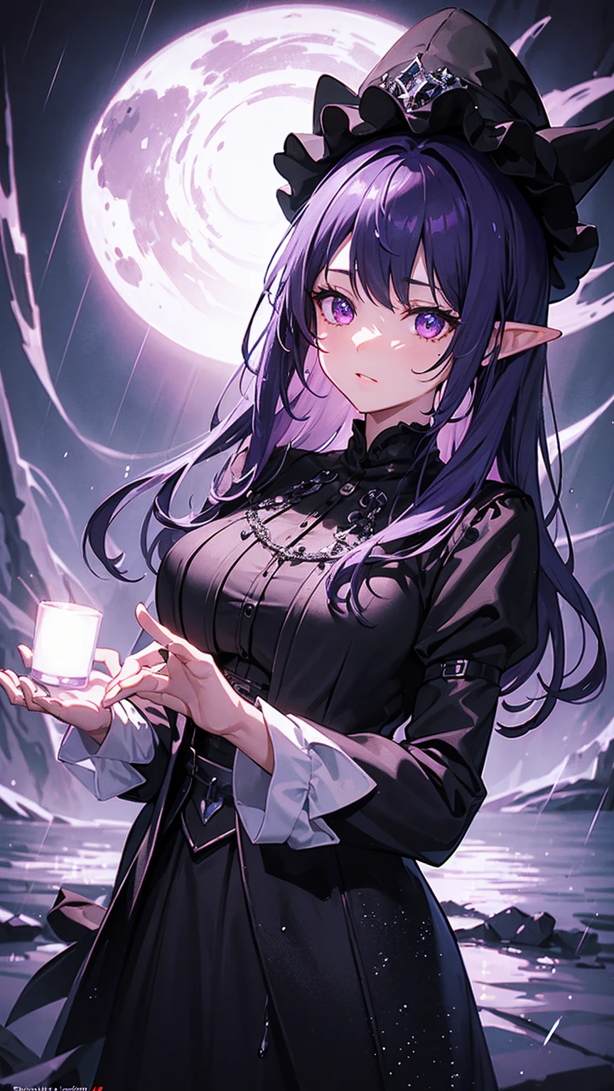 (masterpiece, Best quality, ultra detailed, best shadow), (detailed background,dark fantasy), (beautiful detailed face), high contrast, (Better lighting, very gentle and beautiful), ((cinematic light)), colorful, hyperdetailing, dramatic light, complex parts, (1 girl, elf, Pink eyes, Sharp face, purple hair, black tight clothing, Purple witch hat), (swirling black light around the character:1.5), depth of field, Black light particles, (shower), (character wet from rain), (raindrops), (distant view), (full height), (stands on the water)