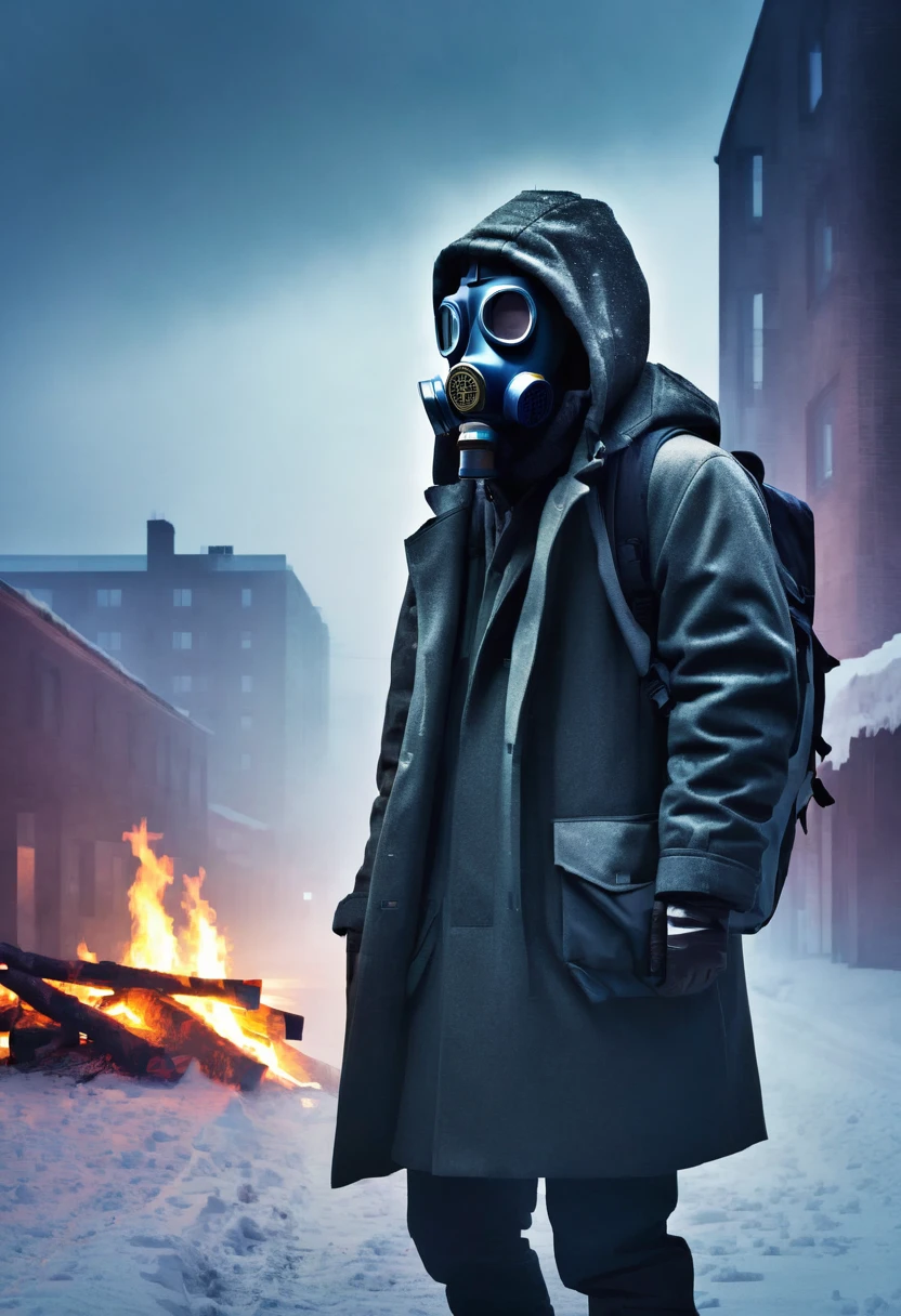 man, 21 years old, survivor, dressed in a long coat, Hood, panoramic gas mask with filters, backpack, winter apocalypse, loneliness, gloom, Dead city, bonfire, night