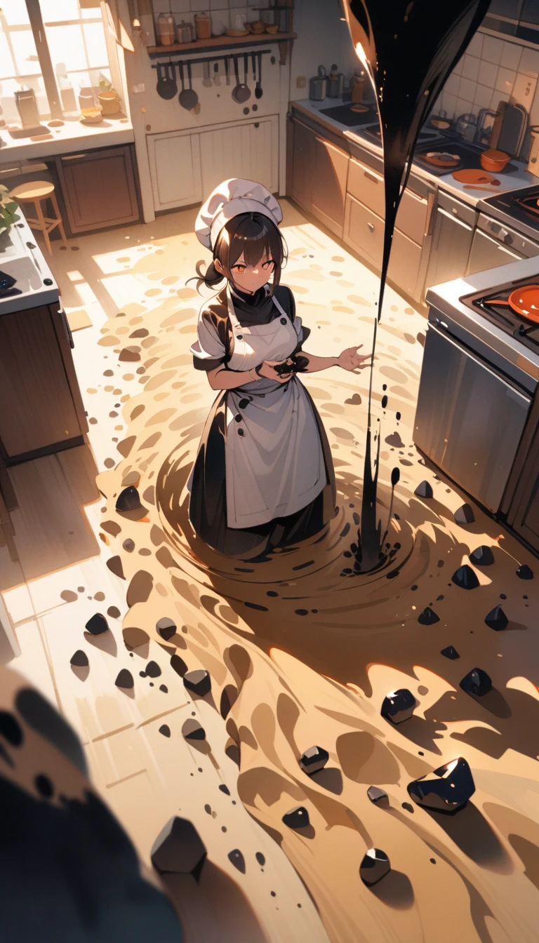 ((best quality)) , ((masterpiece)) , (detailed),1 female,((surrounded by heavy floating sand flow and floating sharp stones)),((((ink)))),((illustration)),((watercolor)),(((((kitchen))))),Female chef,High heel,((whole body))