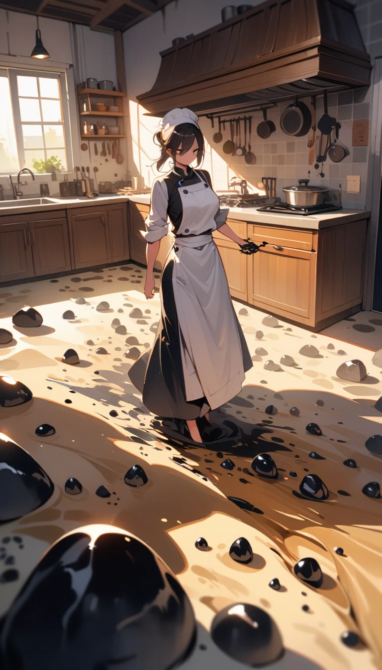 ((best quality)) , ((masterpiece)) , (detailed)，1 female，((surrounded by heavy floating sand flow and floating sharp stones)),((((ink)))),((illustration)),((watercolor))，(((((kitchen)))))，Female chef，High heel，((whole body))