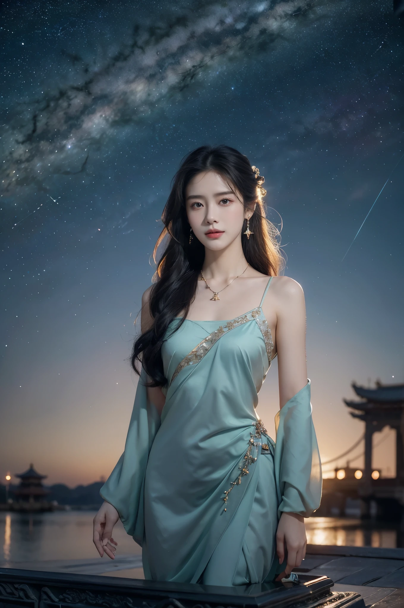 (((best quality))),(((ultra detailed))),(((masterpiece))),illustration,((1 beautiful girl,solo)),(shoulder length straight hair:1.2),((earrings,necklace)),((slim,thin)),((small breasts,flat chest)),(gorgeous red Hanfu:1.3),(standing:1.3),(on the stone arch bridge:1.3),((starry sky,the Milky Way,horizon)),elegance, grace, sophisticated updo, delicate hairpins, twinkling stars, radiant smile, bright eyes, wonder, beauty of the night sky, intricate patterns, flowers, birds, vibrant colors, ethereal, enchanting, old bridge, weathered, sturdy, natural surroundings, serene, peaceful atmosphere, rippling water, stars, graceful silhouette, magic, tranquility, twinkling stars, mesmerizing canopy of light, cool air, crisp, faint scent of blooming flowers, contemplation, admiration, ancient China, timeless, rich culture, traditions, captivating, enchanting atmosphere, myth, legend,((from front,upper body))