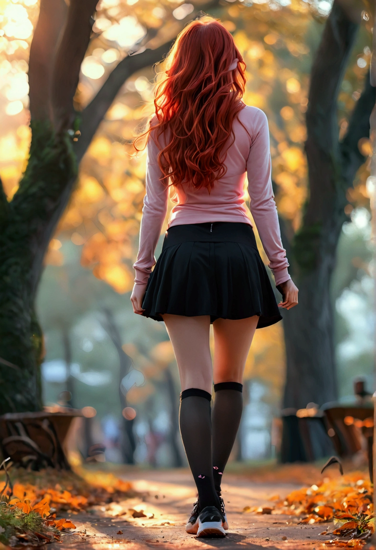 ultra realistic, photography, long red hair, girl, 24 years old, hourglass figure, perfect body, medium natural breasts, Flirty look, extremely detailed artgerm, in the style artgerm, lens 35 mm, blur background, walking, in the park at dawn, wearing a pink top, a black short skirt, thigh socks and sneakers,