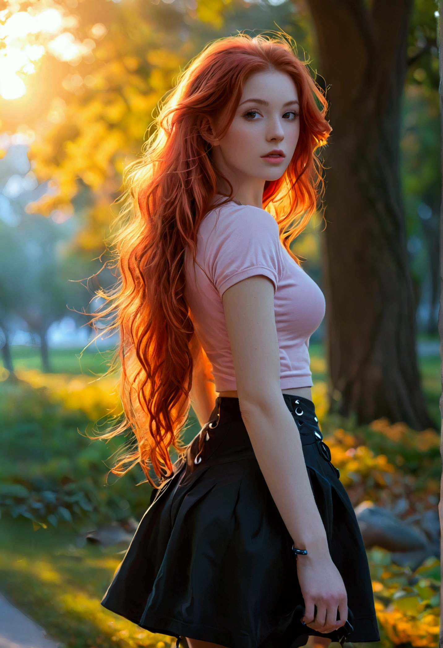 ultra realistic, photography, long red hair, girl, 24 years old, hourglass figure, perfect body, medium natural breasts, Flirty look, extremely detailed artgerm, in the style artgerm, lens 35 mm, blur background, walking, in the park at dawn, wearing a pink top, a black short skirt, thigh socks and sneakers,