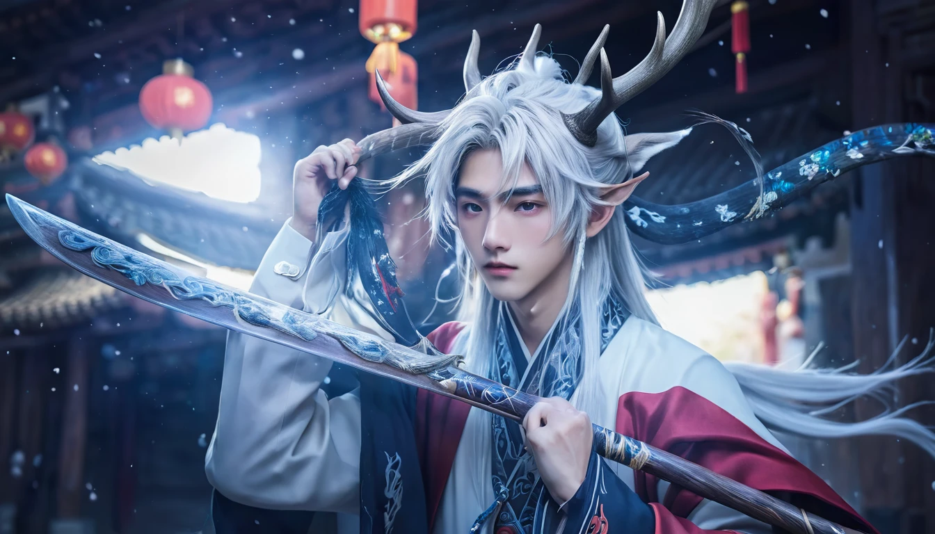 (absurdres, highres, ultra detailed, HDR), masterpiece, 1 boy, 22 years old, best quality, chinese style , long silver hair, deer horn above his head, handsome boy, anime eyes, detailed scebe, detailed character, realistic. 