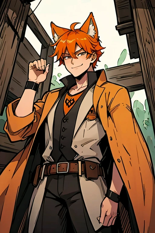 Perfect face. Perfect hands. An orange haired male cowboy with orange eyes and orange fox ears and an orange fox tail in a sheriff's outfit is smiling while exploring an outlaw's hideout