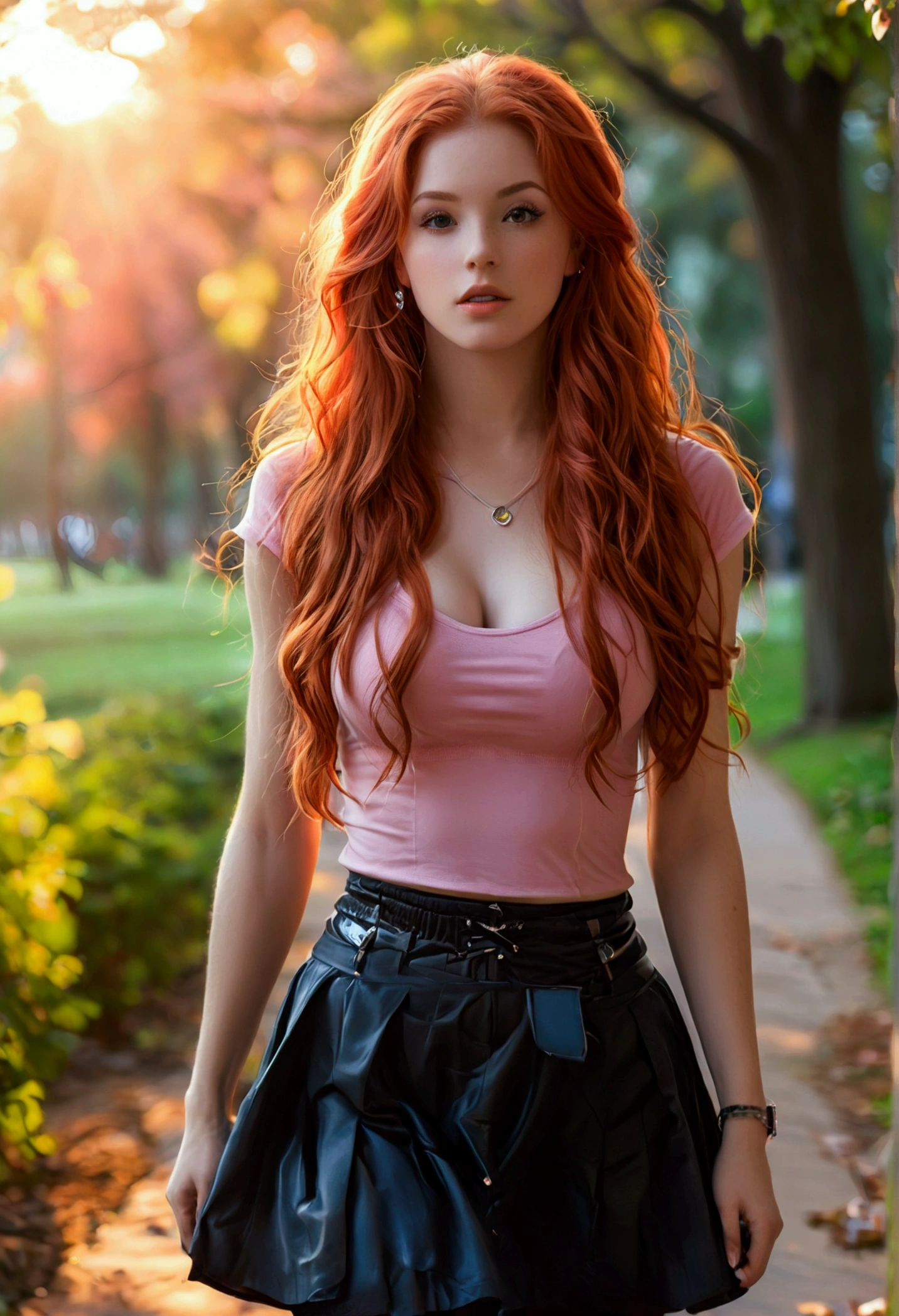 ultra realistic, photography, long red hair, girl, 24 years old, hourglass figure, perfect body, medium natural breasts, Flirty look, extremely detailed artgerm, in the style artgerm, lens 35 mm, blur background, walking, in the park at dawn, wearing a pink top, a black short skirt, thigh socks and sneakers,