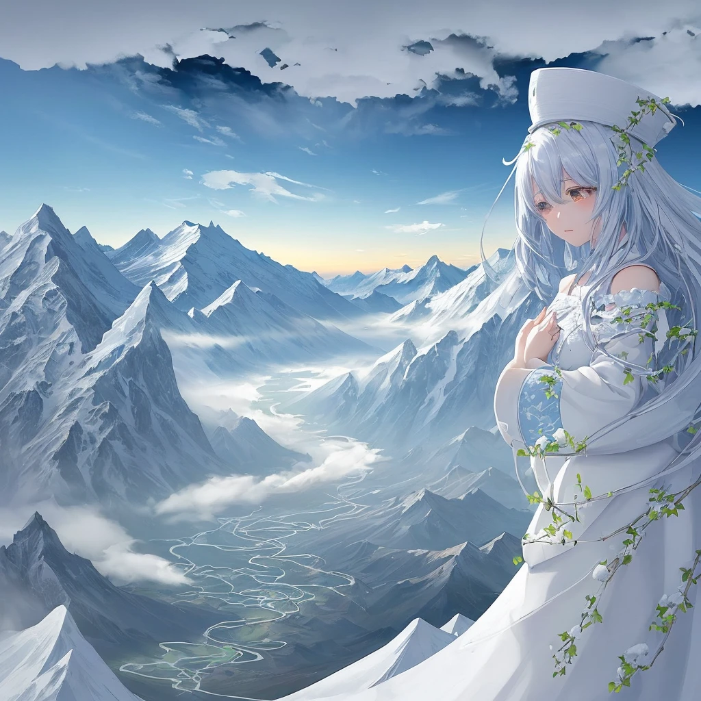 With anime style illustrations、壮大なMountain々and the lush valley between them.。Mountain々Snow piled up on the peak、A meandering river flows through the valley。The sun rises、A soft light illuminates the entire scene.、Plants and flowers々is shining。The sky is blue、Place々White clouds float in the sky.、It emphasizes the beauty and breadth of the landscape.。The overall atmosphere is tranquil and magnificent.、Feel the beauty and power of nature