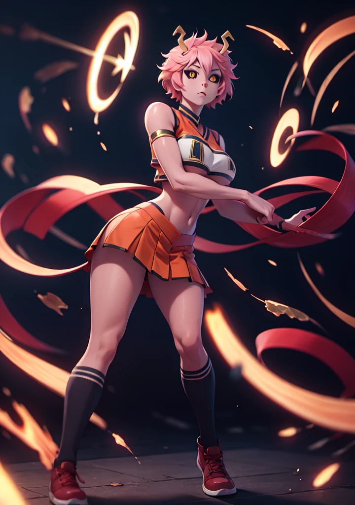 mina ashido, 1girl, solo, looking at viewer, short hair, simple background, yellow eyes, pink hair, horns, colored skin, colored sclera, black sclera, pink skin, U.A. CheerUniform, orange skirt, (bare belly), perfect shading, bare shoulders, big breasts