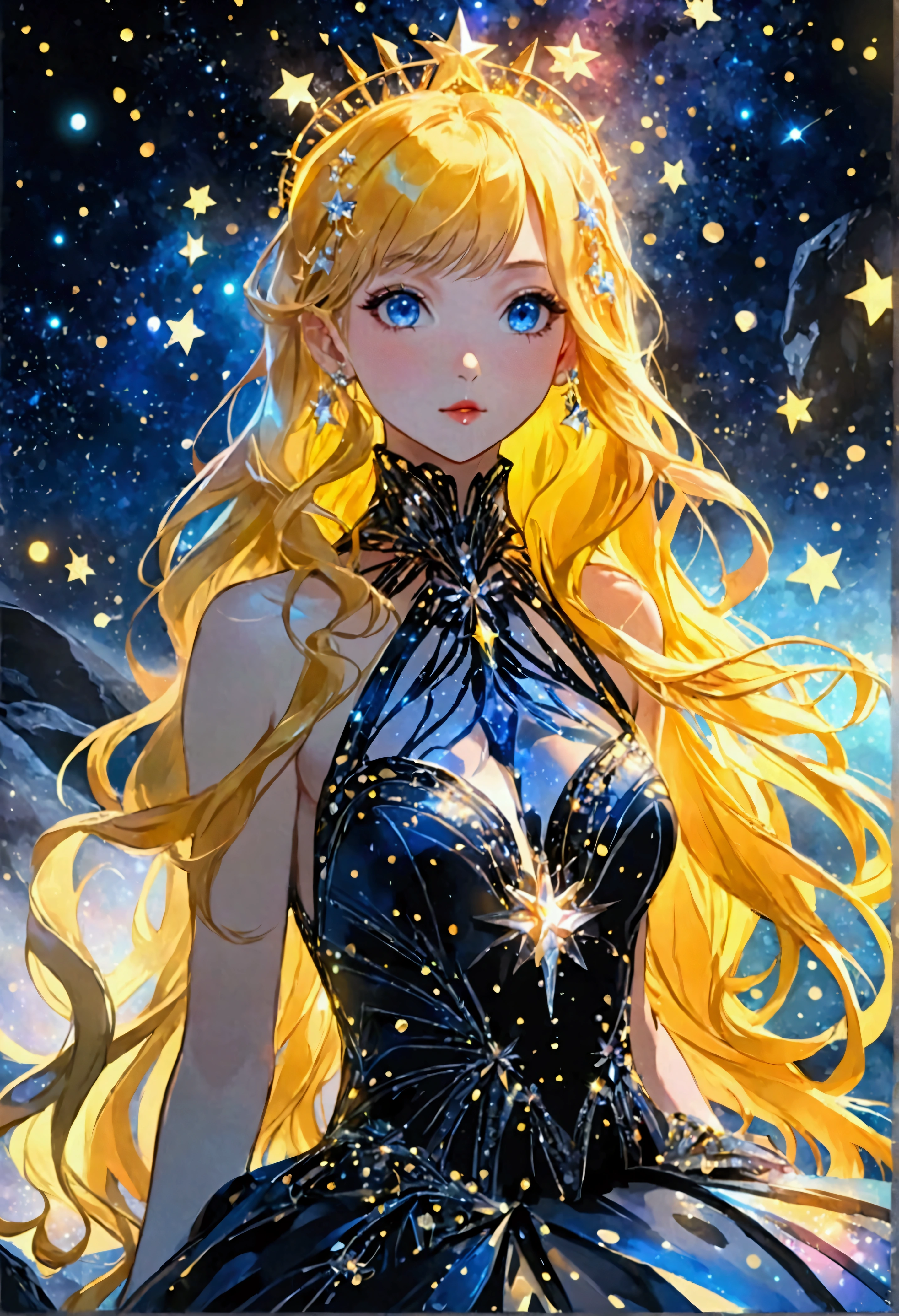 a glamour picture shot, of an elite model covered in stars, walking on a dark catwalk, an extraordinary glamourous elite female model, ((full body: 1.5)),  ((anatomically correct: 1.5), (ultra detailed face: 1.2), best detailed face, yrllow hair, long hair, lush hair, glam hair cut, blue eyes, delicate face, light make up, wearing intricate detailed dress, glamour dress, haute couture dress, elite fashion dress, black as night dress, decorated with bright stars, starlight,  small cleavage, wearing high heels, elegant high heels, she wears diamond necklace, she is glows in a soft starry light, she walks on asteroid catwalk, elite fashion show background, vibrant, Hyperrealism style, vibrant, Ultra-high resolution, High Contrast, (masterpiece:1.5), highest quality, Best aesthetics), best details, best quality, highres, ultra wide angle, 16k, [ultra detailed], masterpiece, best quality, (extremely detailed) RAW, chumbasket art style, photograph, photograph