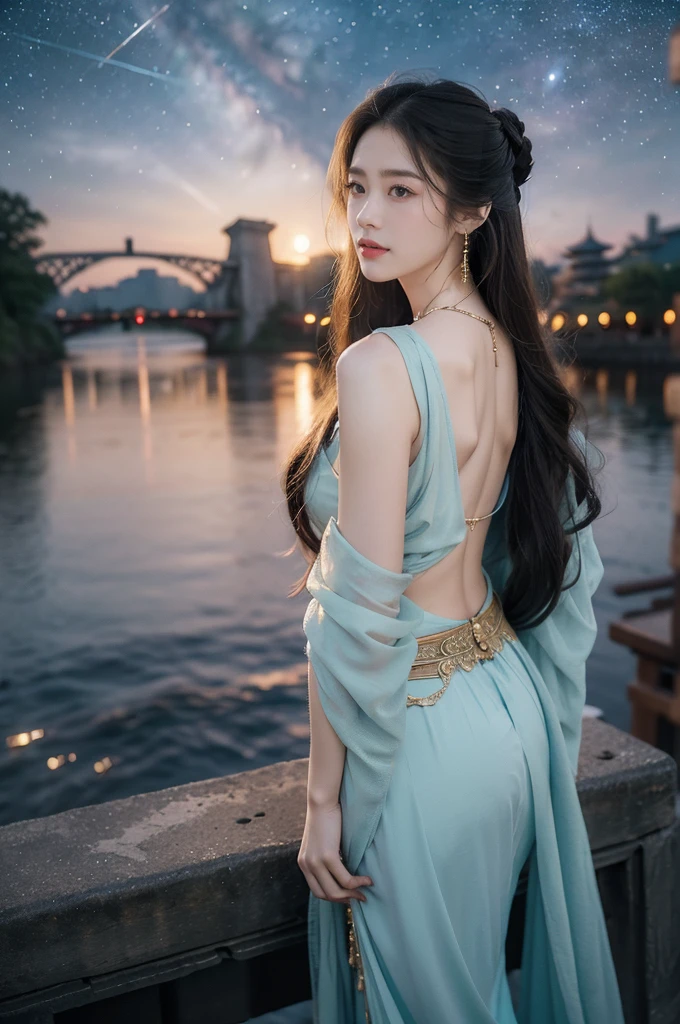 (((best quality))),(((ultra detailed))),(((masterpiece))),illustration,((1 beautiful girl,solo)),(shoulder length straight hair:1.2),((earrings,necklace)),((slim,thin)),((bare back,towering hips,butt crack)),(gorgeous red gauze Hanfu:1.3),(standing:1.3),(on the stone arch bridge:1.3),((starry sky,the Milky Way,horizon)),elegance, grace, sophisticated updo, delicate hairpins, twinkling stars, radiant smile, bright eyes, wonder, beauty of the night sky, intricate patterns, flowers, birds, vibrant colors, ethereal, enchanting, old bridge, weathered, sturdy, natural surroundings, serene, peaceful atmosphere, rippling water, stars, graceful silhouette, magic, tranquility, twinkling stars, mesmerizing canopy of light, cool air, crisp, faint scent of blooming flowers, contemplation, admiration, ancient China, timeless, rich culture, traditions, captivating, enchanting atmosphere, myth, legend,((from back,upper body))