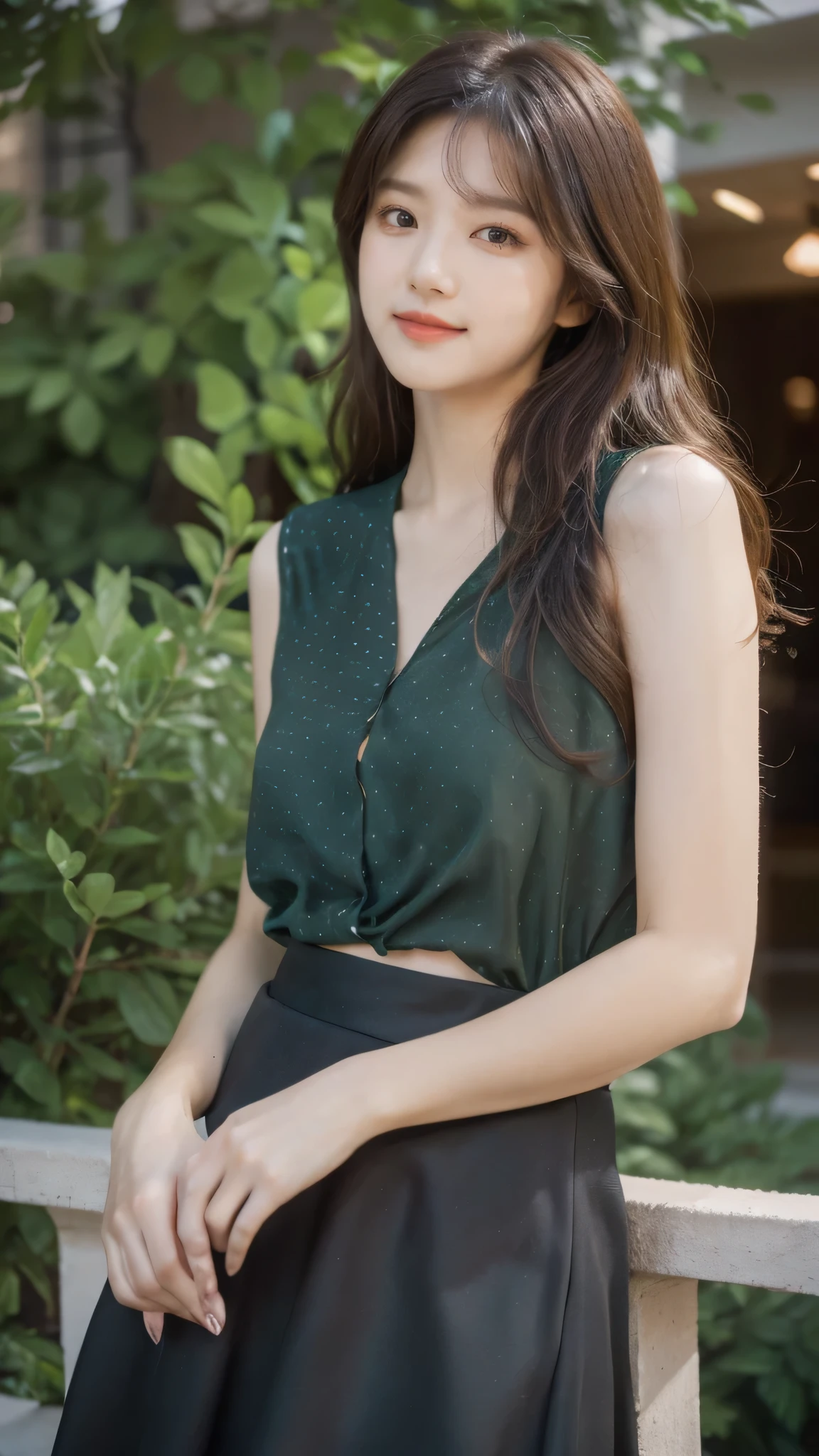 detailed background, masterpiece, best quality, 1 person , curly hair, long hair, purple eyes, star in eye ,green Strapless blouse, long  skirt