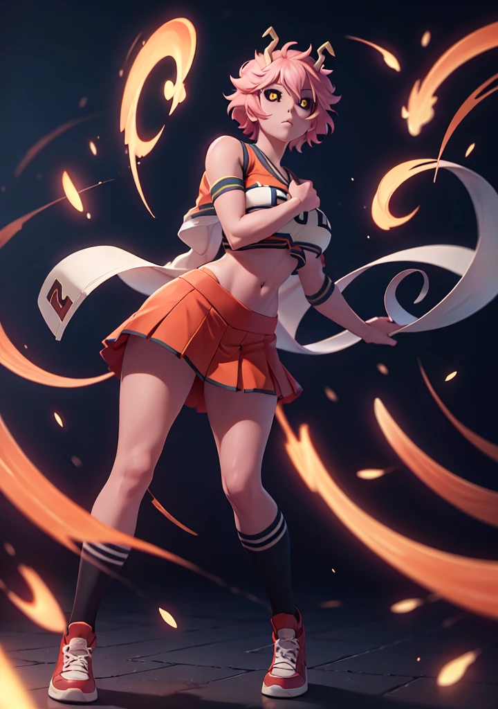 mina ashido, 1girl, solo, looking at viewer, short hair, simple background, yellow eyes, pink hair, horns, colored skin, colored sclera, black sclera, pink skin, U.A. CheerUniform, orange skirt, (bare belly), perfect shading, bare shoulders, big breasts