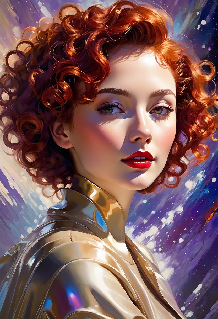 High-quality realistic acrylic painting, lateral back view, VIVID COLORS, a beautiful woman with short curly red hair, red lips, looking at the viewer with suspicious face and a shy smile. She wears beige AND purple shiny ultra-glossy armor, with the hands in waist, against a deep space background