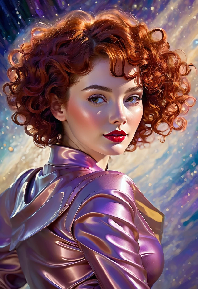 High-quality realistic acrylic painting, lateral back view, VIVID COLORS, a beautiful woman with short curly red hair, red lips, looking at the viewer with suspicious face and a shy smile. She wears beige AND purple shiny ultra-glossy armor, with the hands in waist, against a deep space background