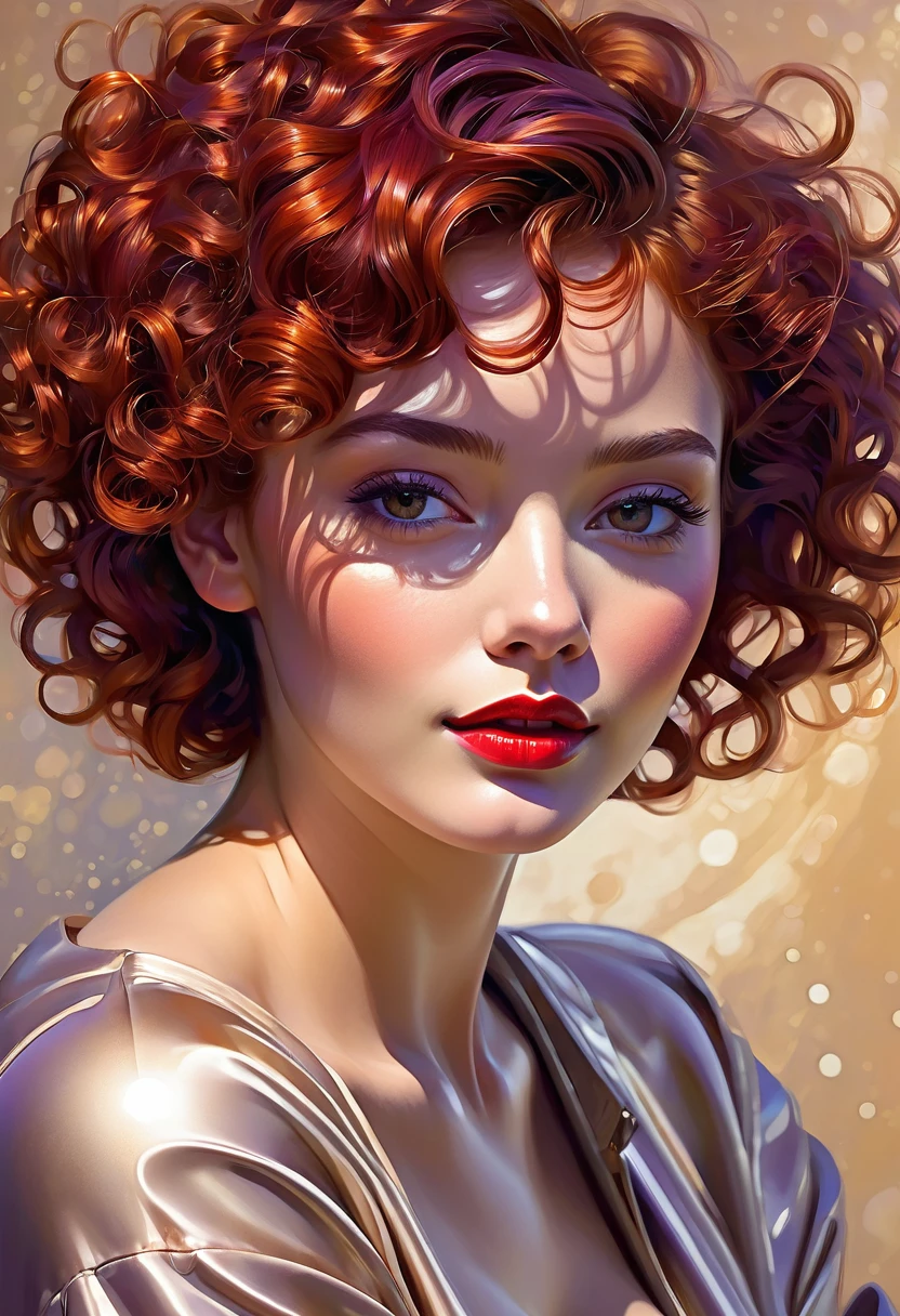 High-quality realistic acrylic painting, lateral back view, VIVID COLORS, a beautiful woman with short curly red hair, red lips, looking at the viewer with suspicious face and a shy smile. She wears beige AND purple shiny ultra-glossy armor, with the hands in waist, against a deep space background