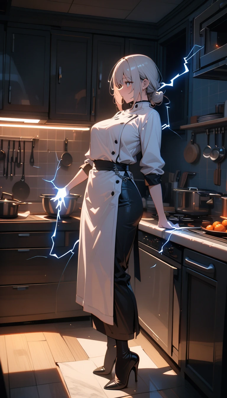 ((best quality)) , ((masterpiece)) , (detailed),1 female,(detailed light), ((lightning in hand)),lightning surrounds,(((lightning chain))),(((((kitchen))))),Female chef,High heel,((whole body))