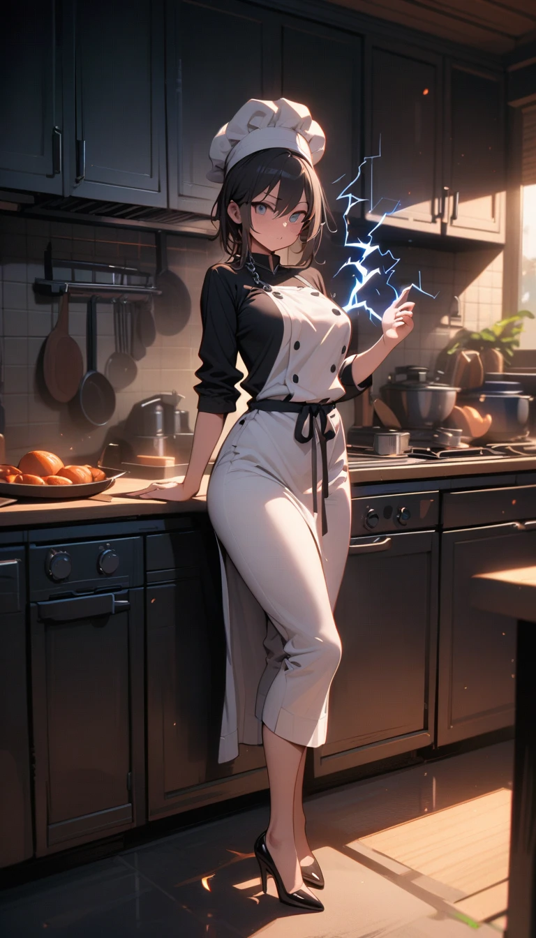 ((best quality)) , ((masterpiece)) , (detailed),1 female,(detailed light), ((lightning in hand)),lightning surrounds,(((lightning chain))),(((((kitchen))))),Female chef,High heel,((whole body))