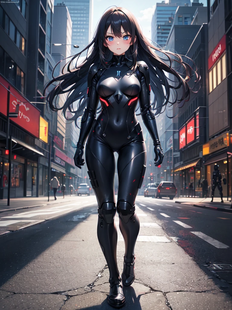sun light glitters on the face and body of silver robot girl, masterpiece, best quality, detailed, straight long black hair, black mini skirt, street in city, sunny sky