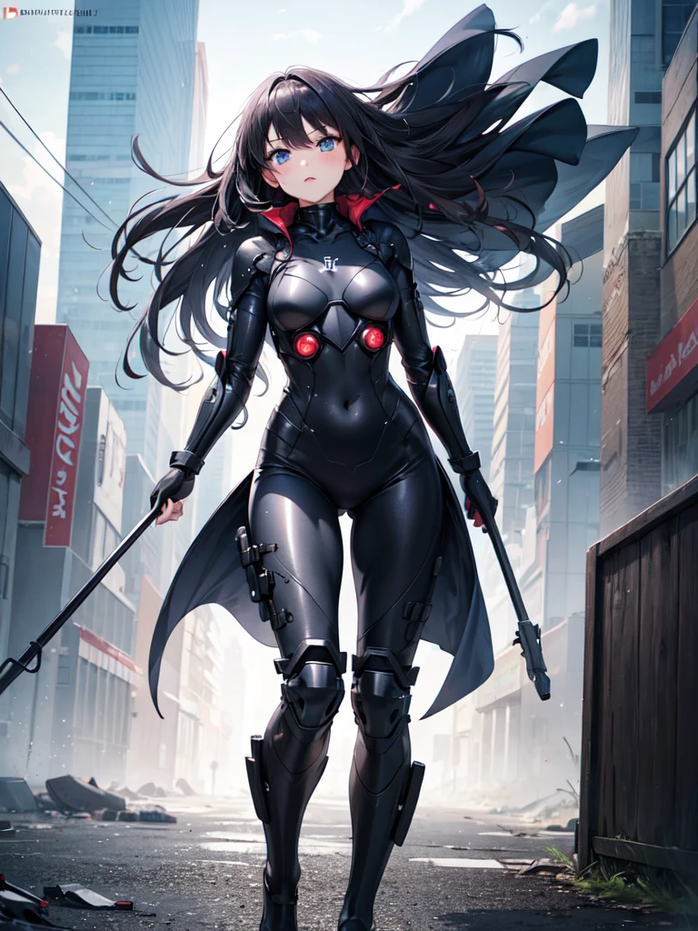 A pretty woman, 1 woman, Japanese, Alone, ((black metal plug suit:1.3)), ((many decorations plug suit), ((battle suit)), ((masterpiece)), ((Best Quality)), (ultra detailed), ((kawaii)), Beautiful, (beautiful), ((extremely detailed)), 4k, (8k), Best Quality, (beautiful), illustration, Worthy, (blow to the body), (Midnight, city, battlefield), (long black hair), Hair blowing in the wind, beautiful blue eyes, ((beautiful eyes)), lip, serious expression, blush, bright,