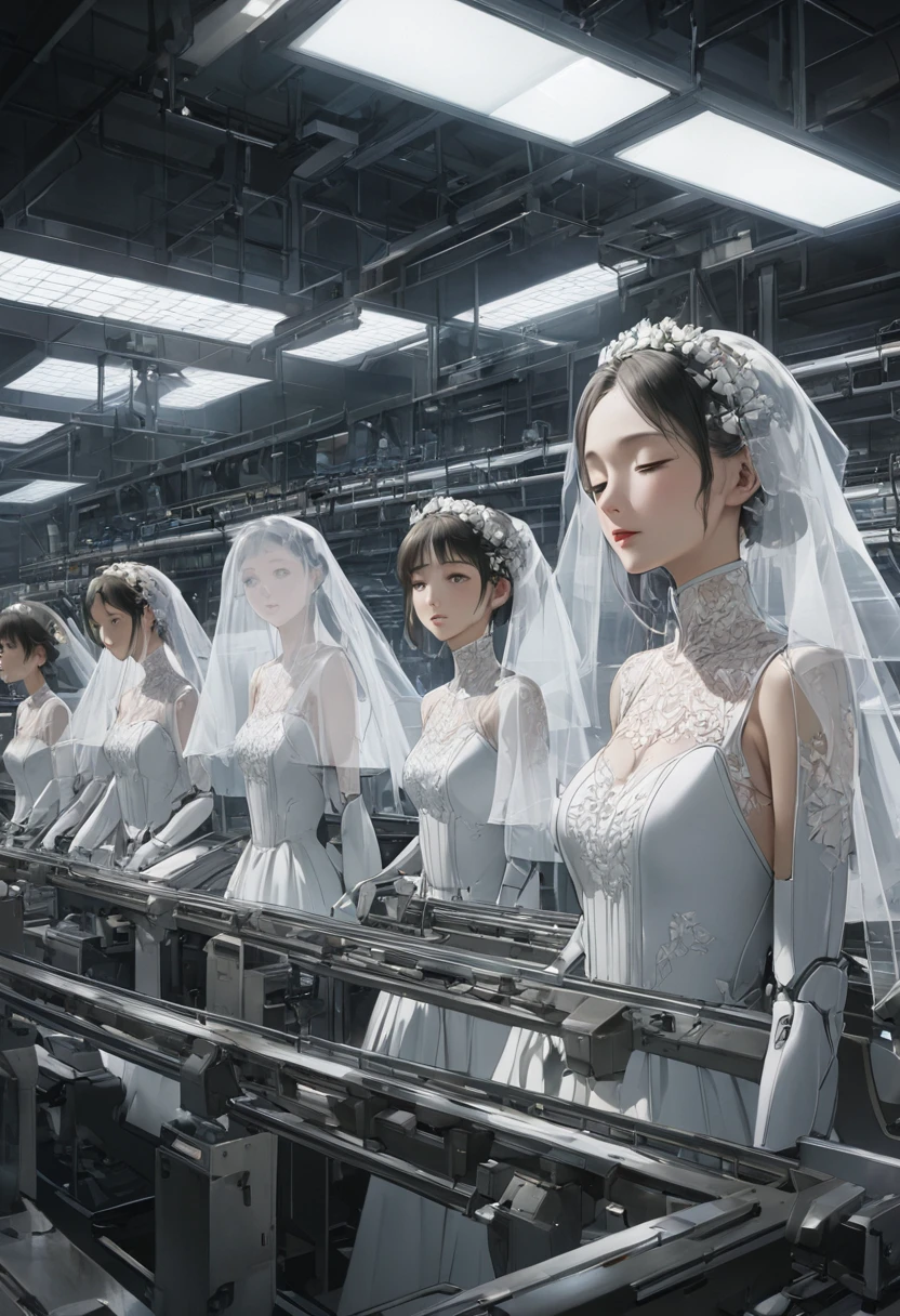 Android women in wedding dresses waiting to be shipped on a factory production line,The women have colorful hair and hairstyles, and their faces are beautiful and impersonal like dolls.All the women have their eyes closed,She is wearing a white wedding dress and veil.There are many women standing on the conveyer belt of the production line, and at the back of the line, you can see women with mechanical bodies who are not yet wearing wedding dresses.The interior of the factory is based on a cold white color scheme, there are no people on the production line, the internal structure resembles that of a laboratory, and the expression is scientific.Realistic, realistic photo,High quality, high precision images,Cinema lighting, professional photography, ultra-fine painting, ultra super fine view,Masterpiece, Best Quality.4k.8k:1.2 Ultra detail,CG Concept art,