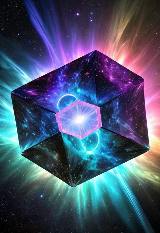 Close-up of colorful objects with a star in the background, tesseract, the tesseract, infinite fractal tesseract, mesmerizing fractal hypercubes, bioluminescent hypercubes, geometric tesseract, hypercube, cube portal, holographic space, spatial fractal gradient, Infinite Quantum Entrance, dmt visual effects