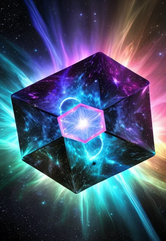 Close-up of colorful objects with a star in the background, tesseract, the tesseract, infinite fractal tesseract, mesmerizing fractal hypercubes, bioluminescent hypercubes, geometric tesseract, hypercube, cube portal, holographic space, spatial fractal gradient, Infinite Quantum Entrance, dmt visual effects