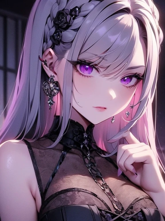 ((Highest quality)), ((masterpiece)), (detailed), Perfect Face, Perfect Arms, Perfect hands, Perfect Fingers, anime, Ultra-fine illustration, (One girl), cute, Gray Hair, Side bank hair with earrings, Purple Eyes, Gothic Lolita, Pink lipstick, Medium chest, (Put your hands behind your back), looking at the camera, Upper Body Shot, No background,