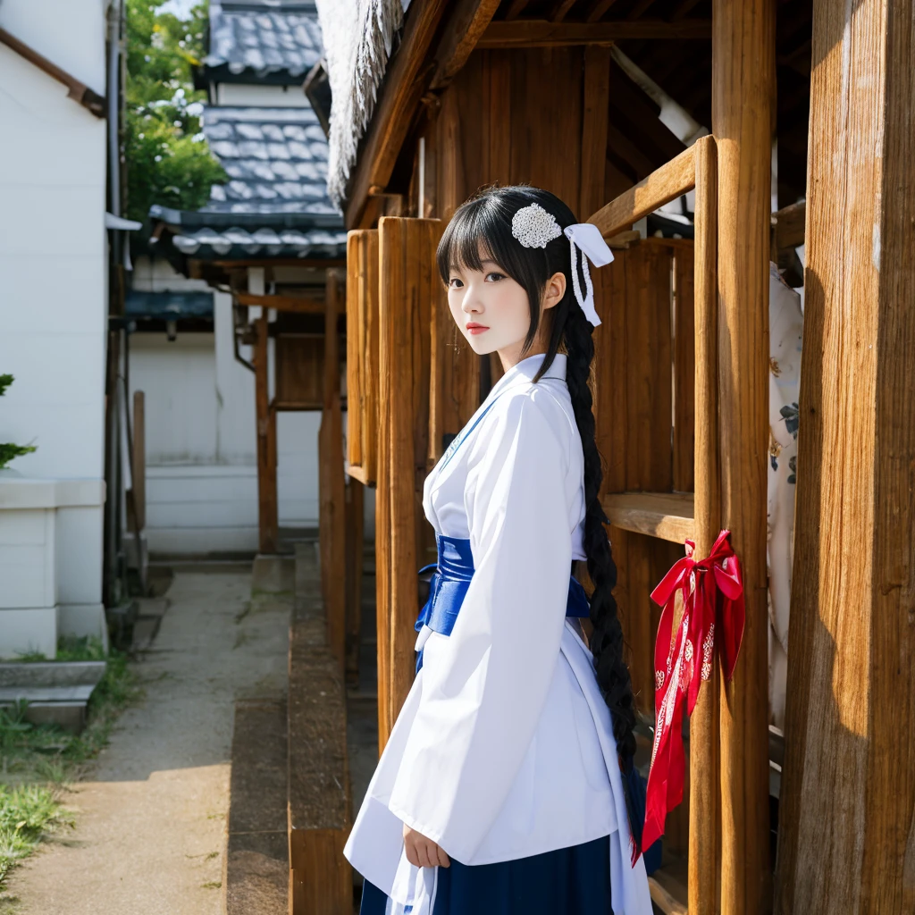 The background is white,Shrine maiden&#39;s kimono,The colors are red and white,Japanese Girl,whole body,Golden necklace,Barefoot,Naked,