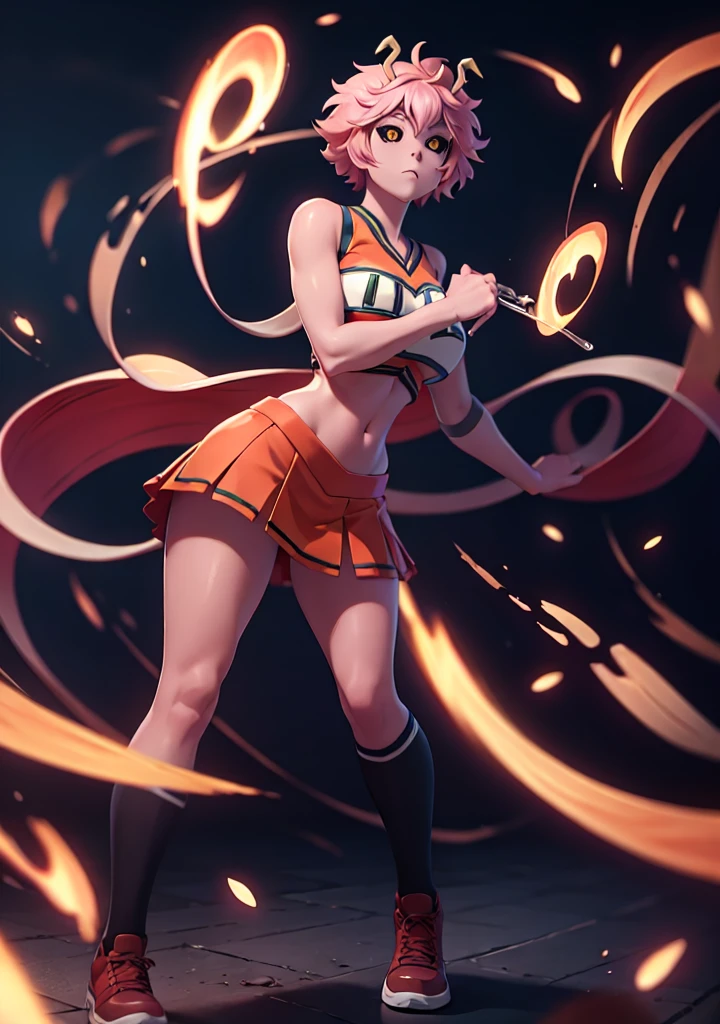 mina ashido, 1girl, solo, looking at viewer, short hair, simple background, yellow eyes, pink hair, horns, colored skin, colored sclera, black sclera, pink skin, U.A. CheerUniform, orange skirt, (bare belly), perfect shading, bare shoulders, big breasts