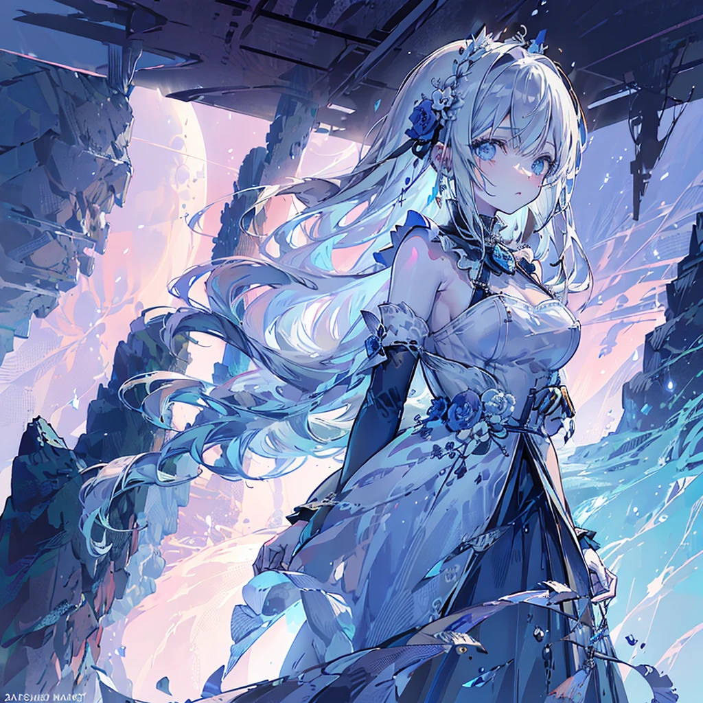 (masutepiece:1.3),(Best Quality:1.2),8K,absurderes,unity 8k wallpapper,(Extremely detailed:1.3),highest grade,hight resolution,amazing,Illustration,beautiful studio soft light,stunningly beautiful,unbelievable Ridiculous,vibrant detail,Cinematic lighting,Moody lighting,pixiv,Award-winning, Professional, Highly detailed,Perfect detailed face, girl, White long hair,Blue eyes, big eyes,droopy eyes, With blue flower corsage ,Slender body,small breast ,sundress,night,fullmoon,from behind
