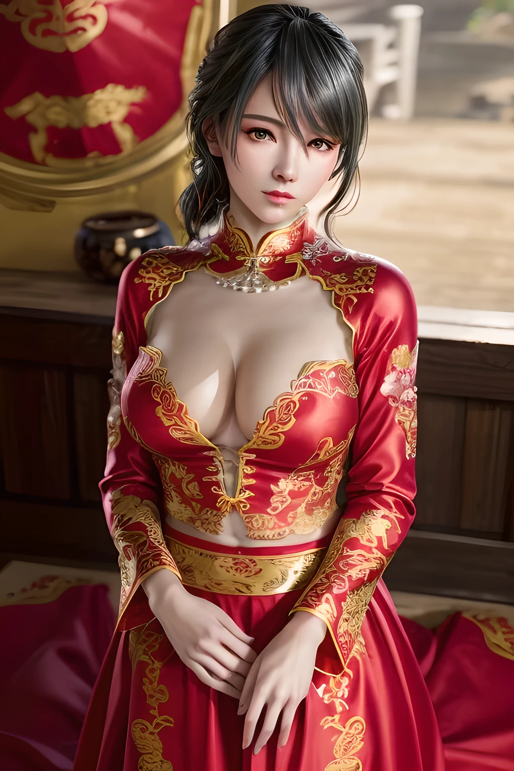 1girl, red cheongsam dress, embroidered floral details, long sleeves, high collar, long skirt, flowing fabric, traditional Chinese bridal attire, elegant jewelry, pearl necklace, bangle bracelets, graceful pose, prominent cleavage, large bust, beautiful eyes, full lips, detailed facial features, photorealistic, dramatic lighting, warm color palette, cinematic composition, (best quality,8k,highres,masterpiece:1.2),ultra-detailed,(realistic,photorealistic,photo-realistic:1.37),studio lighting,ultra-fine painting,sharp focus,physically-based rendering,extreme detail description,professional,vivid colors