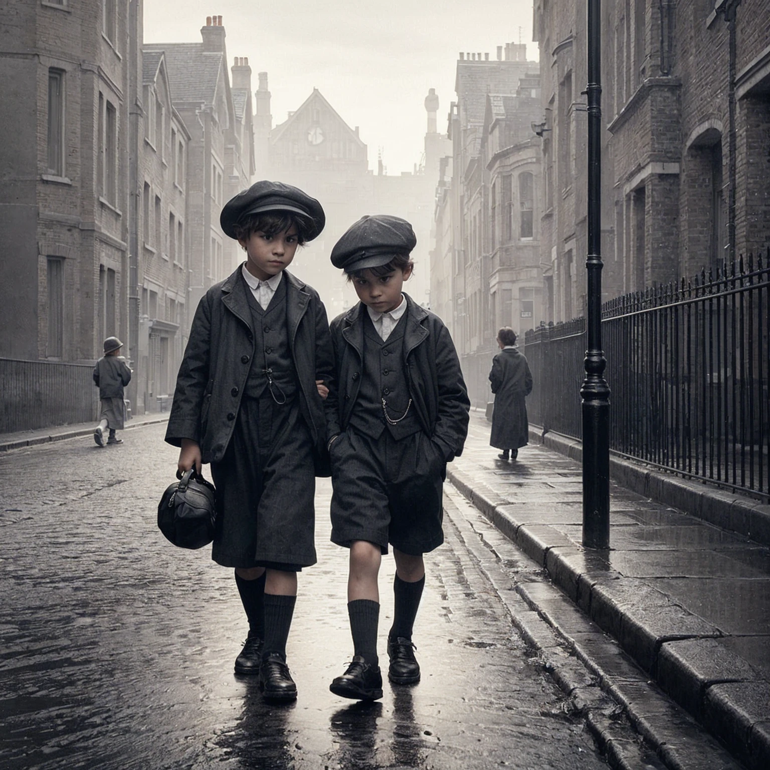 1920, two pensive children walking , london street road, hyperrealism, white and black