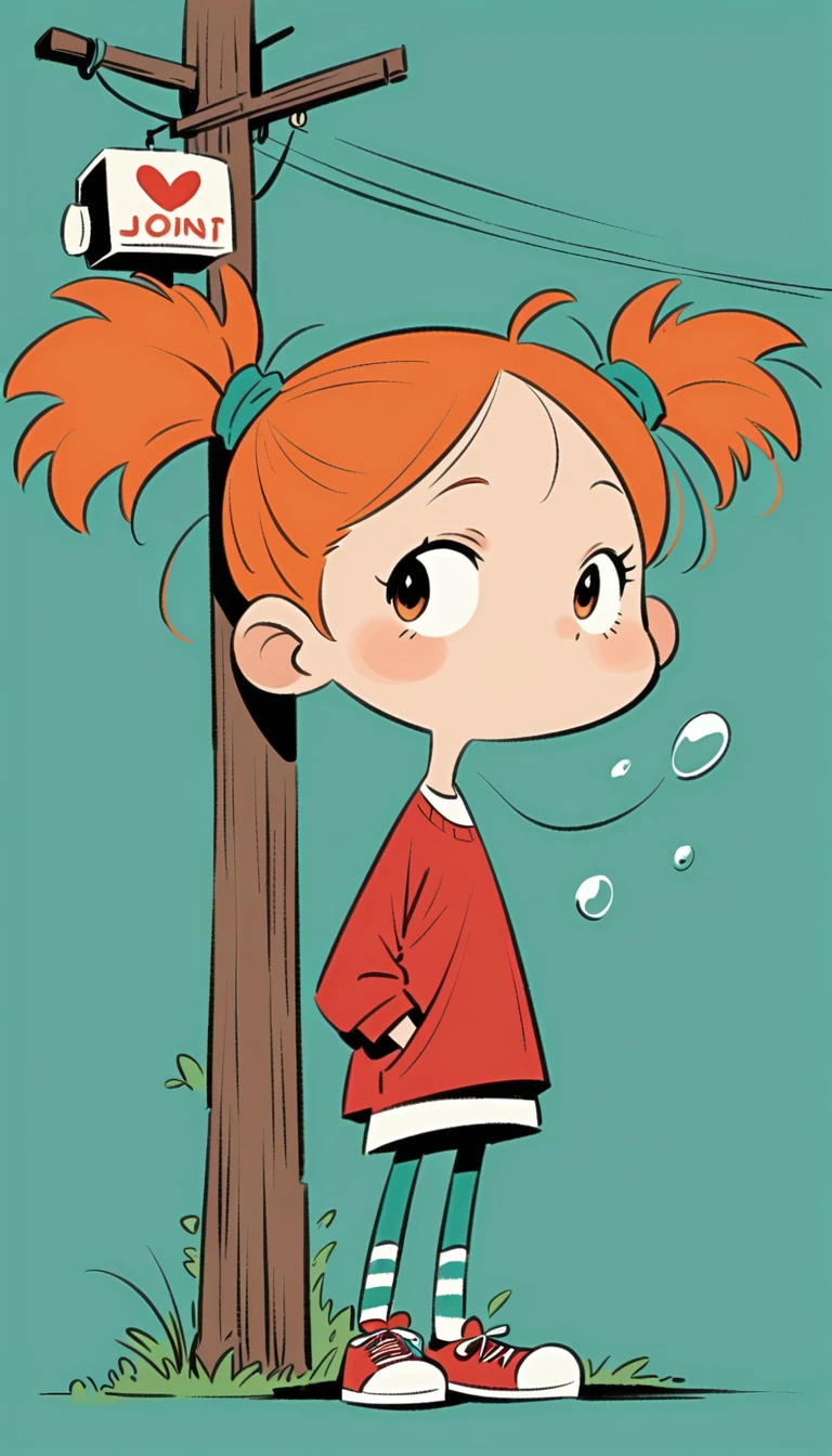 Ewa Poklewska-Koziełło,Cartoon graffiti , boy blowing bubbles standing on a telephone pole,whole body, Blue Background