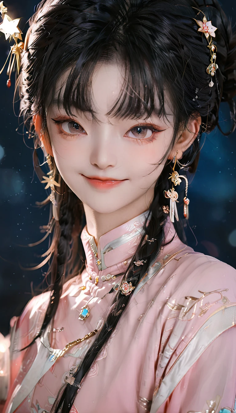 best quality, masterpiece, high resolution, 1 Girl,blush,(Charming smile:0.8),Star-shaped pupil,china hanfu,Hair accessories,necklace, Jewelry,Pretty Face,Above_Body, Tyndall effect,Reality, Dark Studio, Edge lighting, Two-tone lighting,(High Detail Skin:1.2), 8K uhd, Digital SLR Camera, Soft lighting, high quality, Volumetric Lighting, frank, photo, high resolution, 4K, 8K, Bokeh