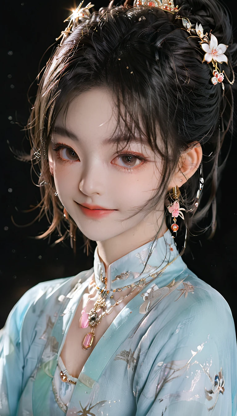 best quality, masterpiece, high resolution, 1 Girl,blush,(Charming smile:0.8),Star-shaped pupil,china hanfu,Hair accessories,necklace, Jewelry,Pretty Face,Above_Body, Tyndall effect,Reality, Dark Studio, Edge lighting, Two-tone lighting,(High Detail Skin:1.2), 8K uhd, Digital SLR Camera, Soft lighting, high quality, Volumetric Lighting, frank, photo, high resolution, 4K, 8K, Bokeh