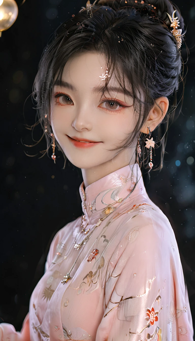 best quality, masterpiece, high resolution, 1 Girl,blush,(Charming smile:0.8),Star-shaped pupil,china hanfu,Hair accessories,necklace, Jewelry,Pretty Face,Above_Body, Tyndall effect,Reality, Dark Studio, Edge lighting, Two-tone lighting,(High Detail Skin:1.2), 8K uhd, Digital SLR Camera, Soft lighting, high quality, Volumetric Lighting, frank, photo, high resolution, 4K, 8K, Bokeh