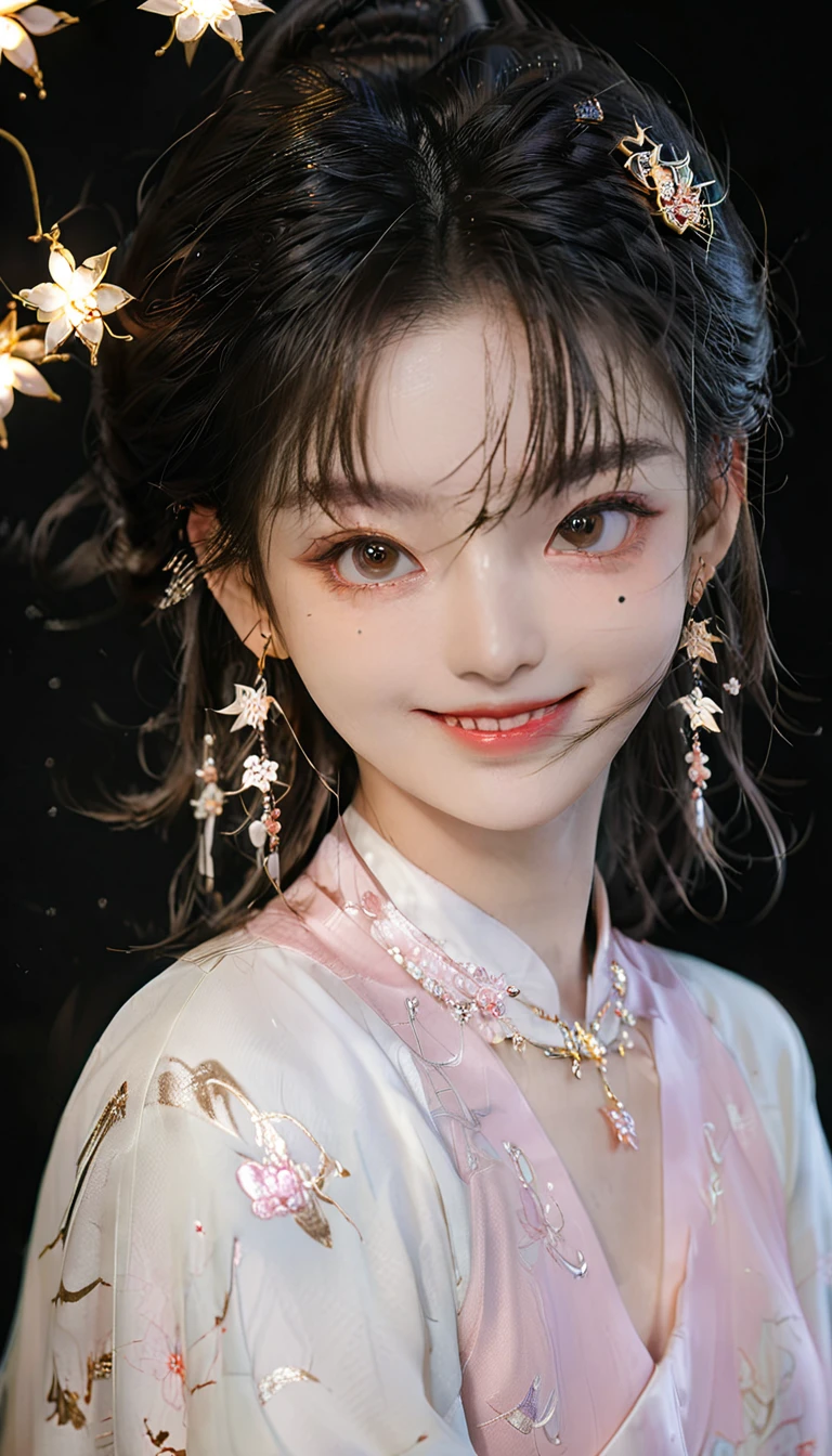 best quality, masterpiece, high resolution, 1 Girl,blush,(Charming smile:0.8),Star-shaped pupil,china hanfu,Hair accessories,necklace, Jewelry,Pretty Face,Above_Body, Tyndall effect,Reality, Dark Studio, Edge lighting, Two-tone lighting,(High Detail Skin:1.2), 8K uhd, Digital SLR Camera, Soft lighting, high quality, Volumetric Lighting, frank, photo, high resolution, 4K, 8K, Bokeh