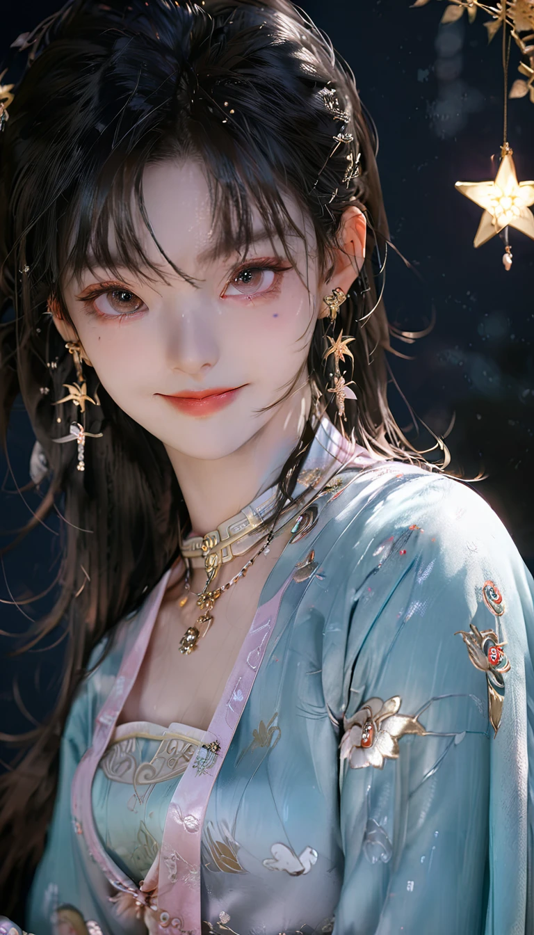 best quality, masterpiece, high resolution, 1 Girl,blush,(Charming smile:0.8),Star-shaped pupil,china hanfu,Hair accessories,necklace, Jewelry,Pretty Face,Above_Body, Tyndall effect,Reality, Dark Studio, Edge lighting, Two-tone lighting,(High Detail Skin:1.2), 8K uhd, Digital SLR Camera, Soft lighting, high quality, Volumetric Lighting, frank, photo, high resolution, 4K, 8K, Bokeh