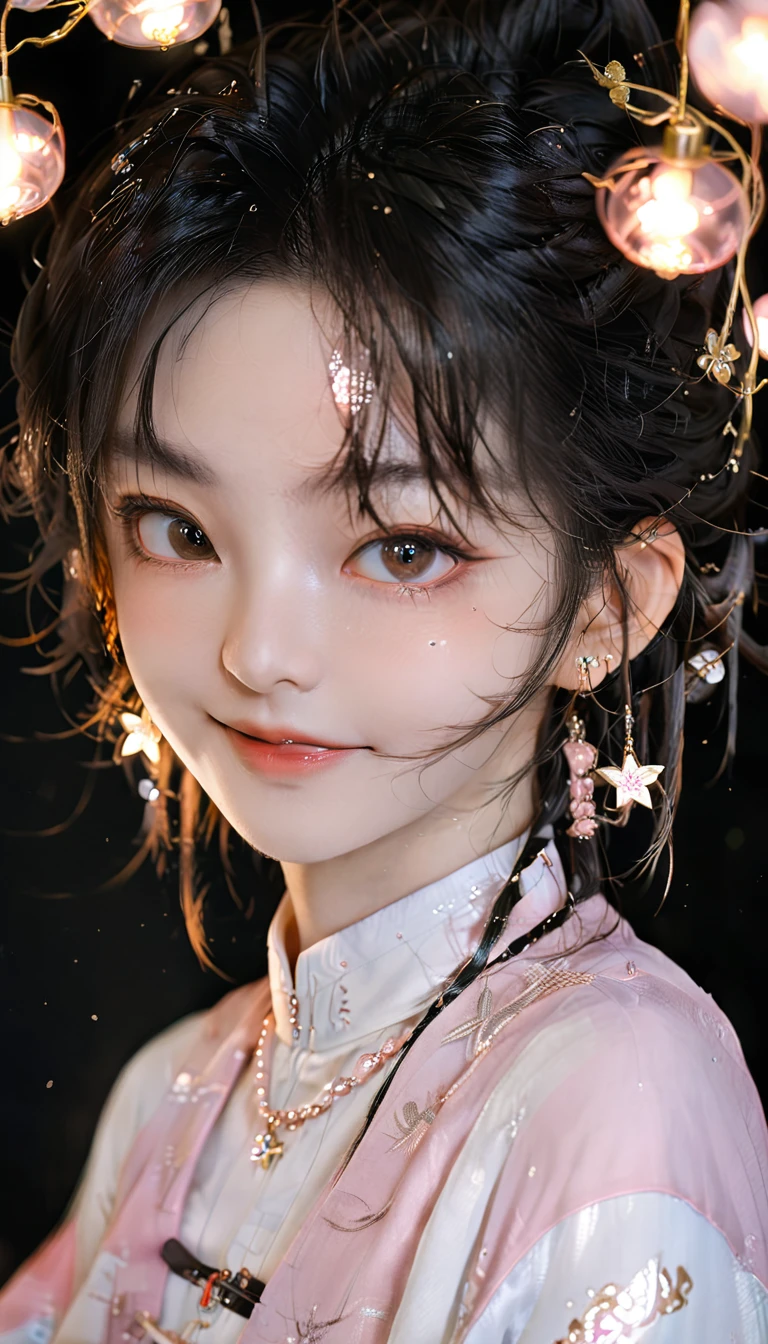 best quality, masterpiece, high resolution, 1 Girl,blush,(Charming smile:0.8),Star-shaped pupil,china hanfu,Hair accessories,necklace, Jewelry,Pretty Face,Above_Body, Tyndall effect,Reality, Dark Studio, Edge lighting, Two-tone lighting,(High Detail Skin:1.2), 8K uhd, Digital SLR Camera, Soft lighting, high quality, Volumetric Lighting, frank, photo, high resolution, 4K, 8K, Bokeh