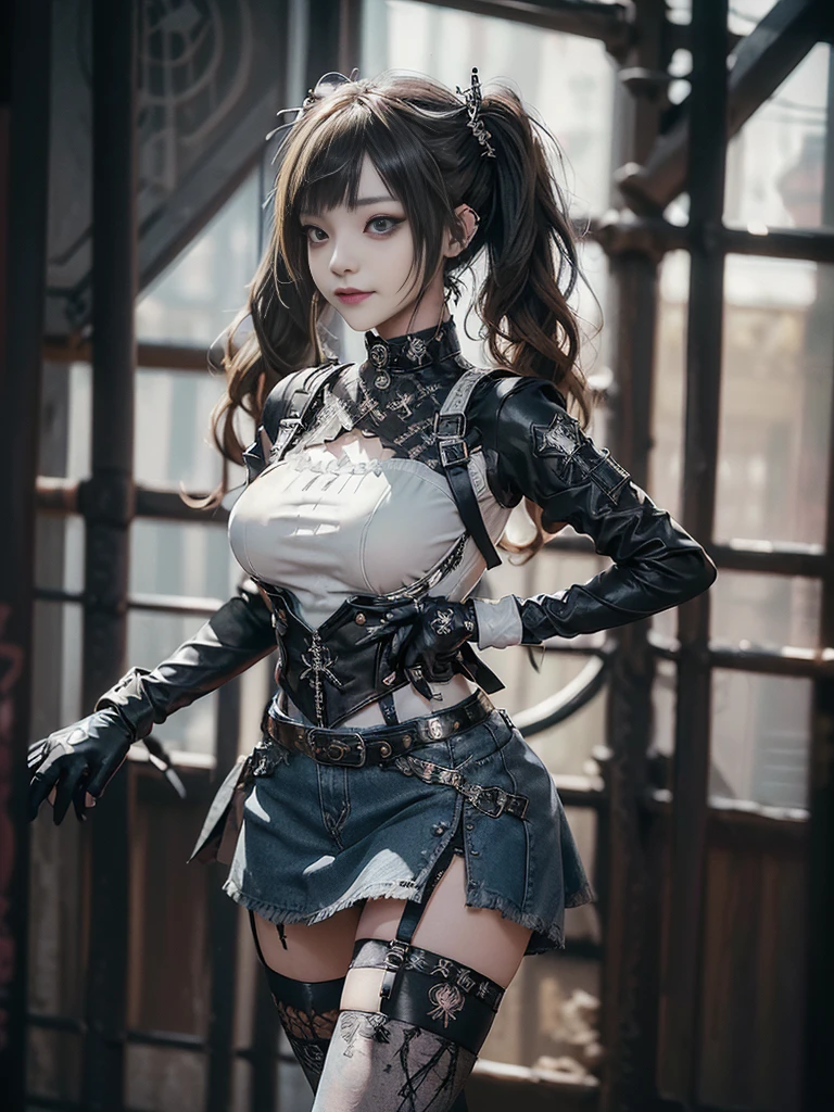 (Smiling with teeth showing:1.3),(Shibuya Gal:1.tewardess Uniform:1.3)、(Gothic Lolite fashion:1.5)、(Punk RockVisual Kei:1.4)、(Denim and black and white medieval noble mini skirt dress:1.5)、(Denim with black and white medieval gloves and bustier:1.5)、(Denim high heels:1.3)、(Wearing silver accessories:1.5)、(Denim collar:1.4)、(Black Leather Garter Belt:1.4)、(Brown Skin Belt:1.3)、(Black lace underwear:1.5)、20-year-old、NSFW、((Highest quality、In 8K、masterpiece:1.3))、Sharp f1.2、(Layered Cut、Huge boobs:1.1),Beautwoman with perfect figure:1.4、(Dancing vigorously:1.3)、Slender Abs:1.2、Hi detailed face and skin texture、Detailed eyes、double eyelid,(Twin tails:1.3)、(Brown-golden hair:1.3)、Gravure idol、(The background is the Takarazuka Revue stage.:1.3)、(Slim Body:1.2),(Make legs thinner:1.4),(clavicle:1.1)