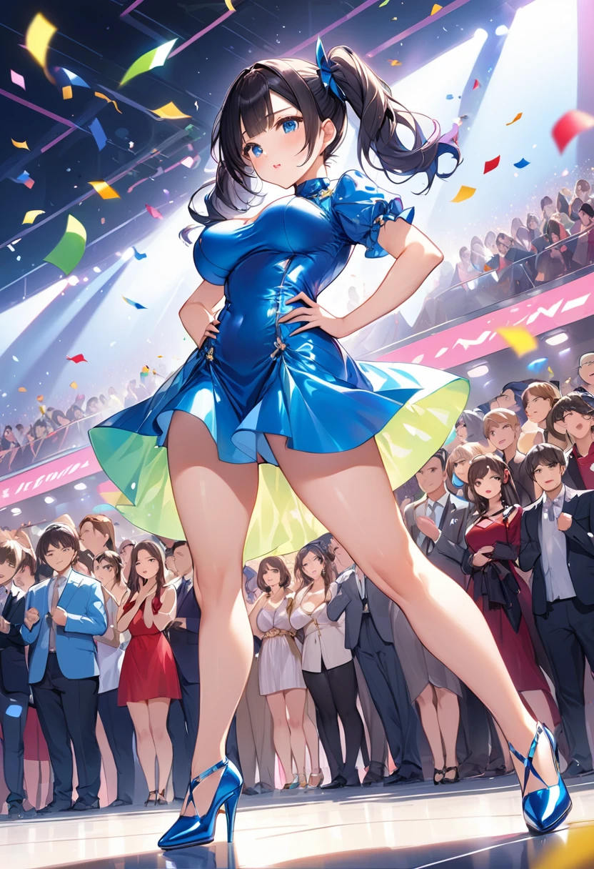 Highest quality、High resolution、Detailed Background、Beautiful face in every detail、Anatomically correct、Detailed facial expressions、fine grain、((full body, from below:1.3, side shot:1.3, looking away:1.5)), break　((One Girl))、Chibi Girl、Jet Black Hair、Big beautiful blue eyes、light makeup, tightly closed mouth、Fuller lips、Pink Lips、Cold look、Condescending gaze、Braided twin tails、(perky breasts:1.2, high breasts:1.3)break　(High gloss satin dress:1.3、Innovative and eccentric fashion:1.3、Design with a lot of exposed skin:1.3、High-glossy high heels、Walking briskly down the runway)、The background is a runway surrounded by a large audience.、The audience went wild、A large amount of confetti is falling）