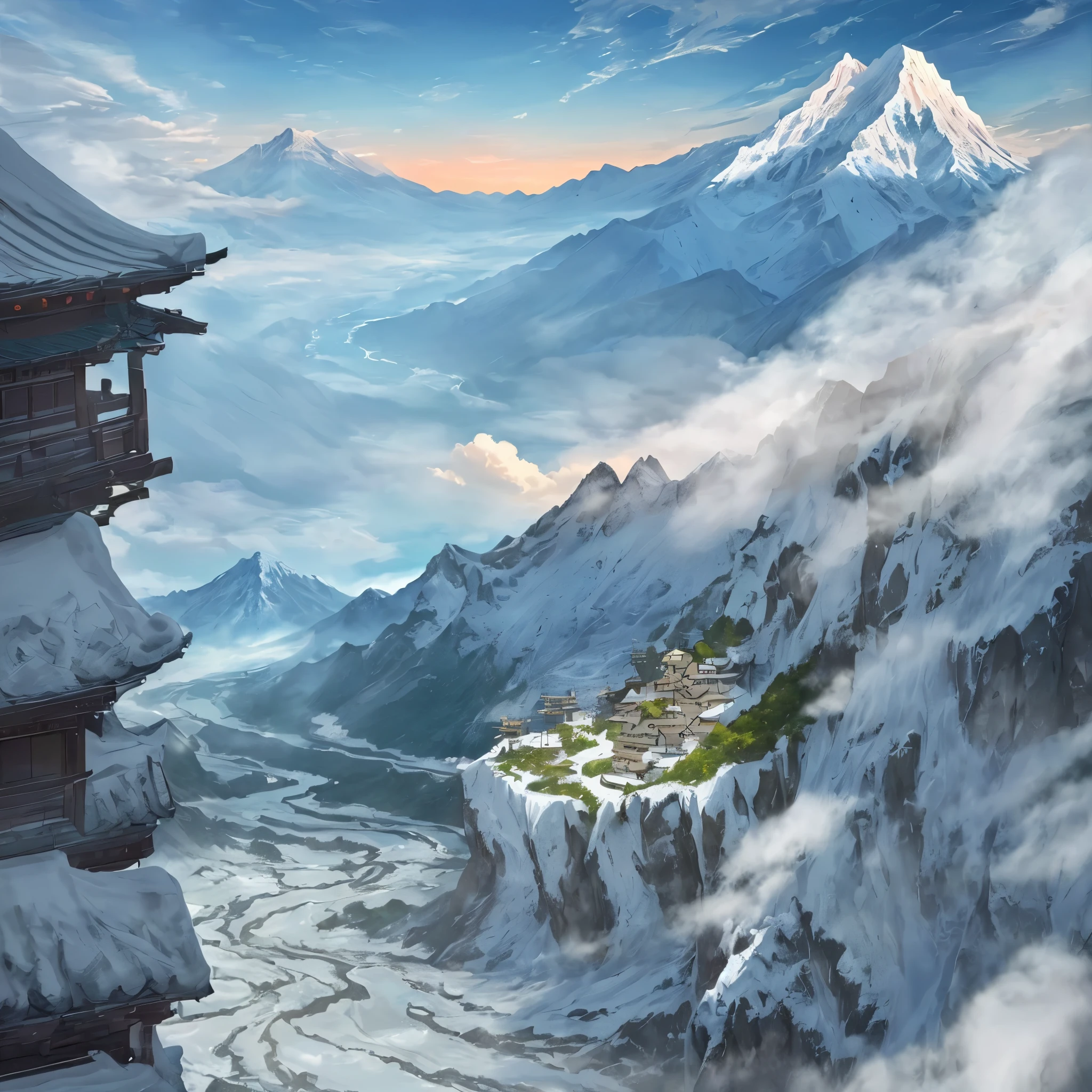 With anime style illustrationagnificent Mountain々and the lush valley between them.。Mountain々Snow piled up on the peak、A meandering river flows through the valley。The sun rises、A soft light illuminates the entire scene.、Plants and flowers々is shining。The sky is blue、Place々White clouds float in the sky.、It emphasizes the beauty and breadth of the landscape.。The overall atmosphere is tranquil and magnificent.、Feel the beauty and power of nature