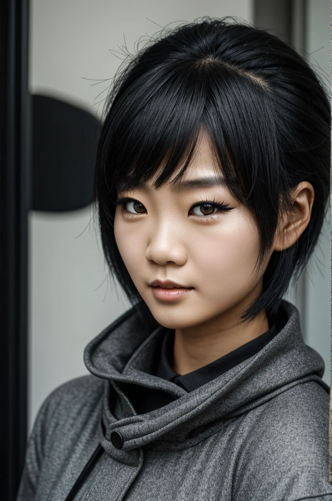 Asiat girl, wolf cut, black air, black eyes