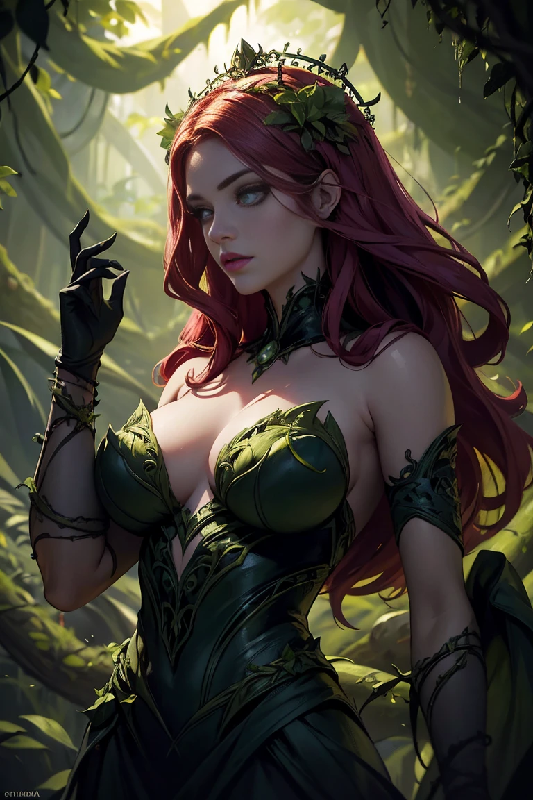 Hera Venenosa, DC Comics supervillain, lush gardens, carnivorous plant throne, intricate vines, blooming flowers, dark gothic, moody lighting, vibrant colors, detailed portrait, chiaroscuro, dramatic pose, alluring expression, elegant dress, photorealistic, 8K, masterpiece