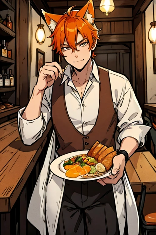 Perfect face. Perfect hands. An orange haired male cowboy with orange eyes and orange fox ears and an orange fox tail in a sheriff's outfit is eating dinner in a saloon in a wild west town