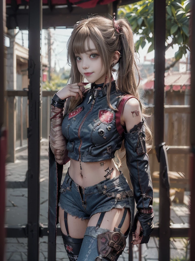 (Full body:1.4)、(Full Body View:1.4)、(Side view:1.1)、(Smiling with teeth showing:1.3),(Shibuya Gal:1.5)、(Maid café clerk:1.5)、(Punk RockVisual Kei:1.4)、(Burgundy denim with khaki and brown medieval tattered zip up:1.5)、(Wine red arm covers and tattered high leg bodysuit:1.5)、(Wine red high heels:1.3)、(Wearing silver accessories:1.5)、(Dark brown collar:1.4)、(Leather garter belt:1.4)、(Red skin belt:1.3)、(Red lace underwear:1.5)、20-year-old、NSFW、((Highest quality、In 8K、masterpiece:1.3))、Sharp focus:1.2、(Layered Cut、Huge boobs:1.1),Beautiful woman with perfect figure:1.4、(Doing an aerobics pose:1.3)、Slender Abs:1.2、Highly detailed face and skin texture、Detailed eyes、double eyelid,(Twin tails:1.3)、(Brown-golden hair:1.3)、Gravure idol、(A fairytale-like cafe with a lush tree background:1.3)、(Slim body:1.3),(Make your legs thinner:1.4),(Thin, thin thighs:1.3)、(clavicle:1.1)