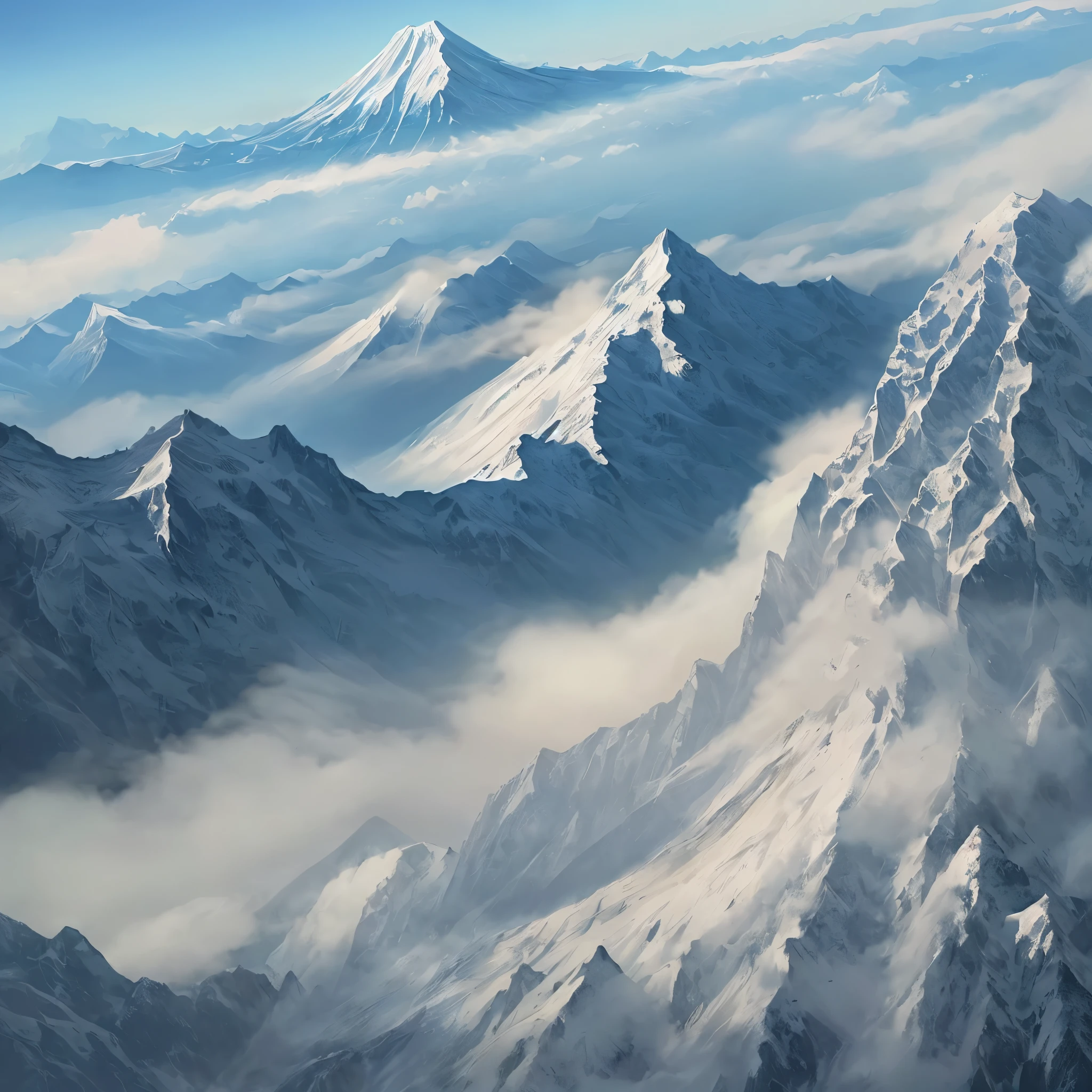 With anime style illustrationagnificent Mountain々and the lush valley between them.。Mountain々Snow piled up on the peak、A meandering river flows through the valley。The sun rises、A soft light illuminates the entire scene.、Plants and flowers々is shining。The sky is blue、Place々White clouds float in the sky.、It emphasizes the beauty and breadth of the landscape.。The overall atmosphere is tranquil and magnificent.、Feel the beauty and power of nature