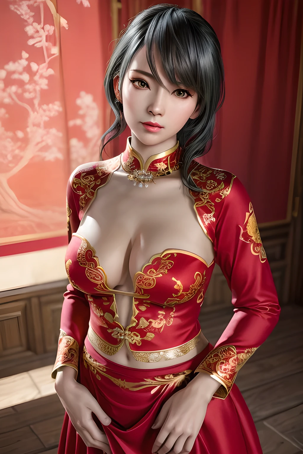 1girl, red cheongsam dress, embroidered floral details, long sleeves, high collar, long skirt, flowing fabric, traditional Chinese bridal attire, elegant jewelry, pearl necklace, bangle bracelets, graceful pose, prominent cleavage, large bust, beautiful eyes, full lips, detailed facial features, photorealistic, dramatic lighting, warm color palette, cinematic composition, (best quality,8k,highres,masterpiece:1.2),ultra-detailed,(realistic,photorealistic,photo-realistic:1.37),studio lighting,ultra-fine painting,sharp focus,physically-based rendering,extreme detail description,professional,vivid colors