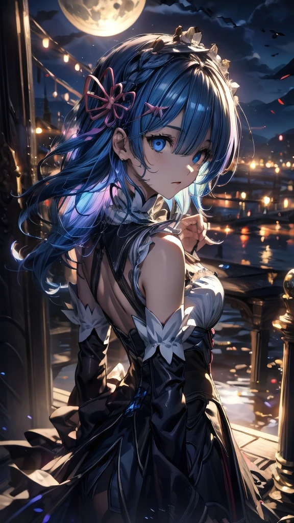 (Highest quality),(masterpiece), 8k,Very detailed, Detailed light, Best Shadow,Detailed reflective eyes, Beautiful Eyes, Very detailedな顔,Shiny Hair,One person,Gloss,semi-long,Blue Hair,Blue Eyes,enchanting,Expressionless,Quiet anger,full moon,whole body,front,Re:Zero,rem,Rem,darkness,face is dirty for painting,Dynamic Angle,Lock,Morning star,