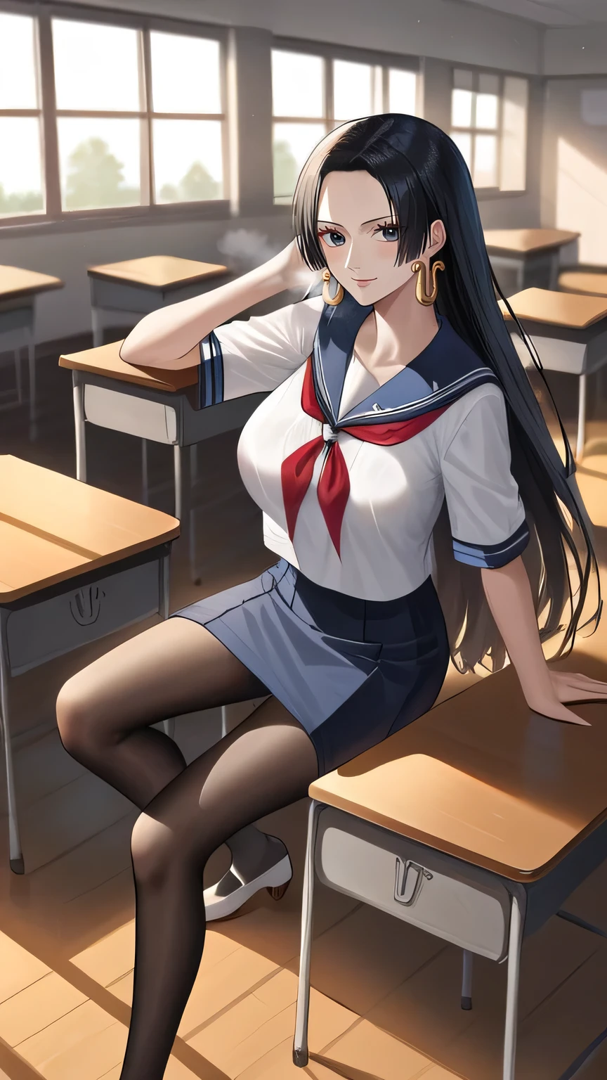 source_anime,score_9,score_8_up, score_7_up, 1girl,solo,large breast,one piece, mature woman, boa hancock, long hair, very long hair, black hair, shinny hair, shirt, skirt, parted Skirt, school_uniform, serafuku, pantyhose, Shoes, sit down at table, school, indoors, Classroom, cowboy shot, looking at viewer, long legs, navel, heavy breath , POV